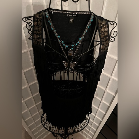 BEBE Black Suede Fringe Vest & Mini Skirt Set - Picture 3 of 8